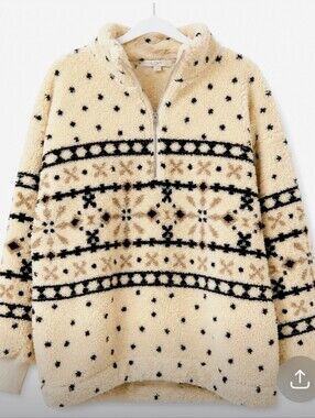 LOFT Cream Sherpa Pullover with Black Fair Isle Pattern
